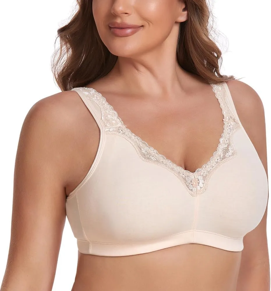 TELIMUSSTO Women's Plus Size Soft Cotton Lace Bra Full Coverage Wirefree Non-Padded