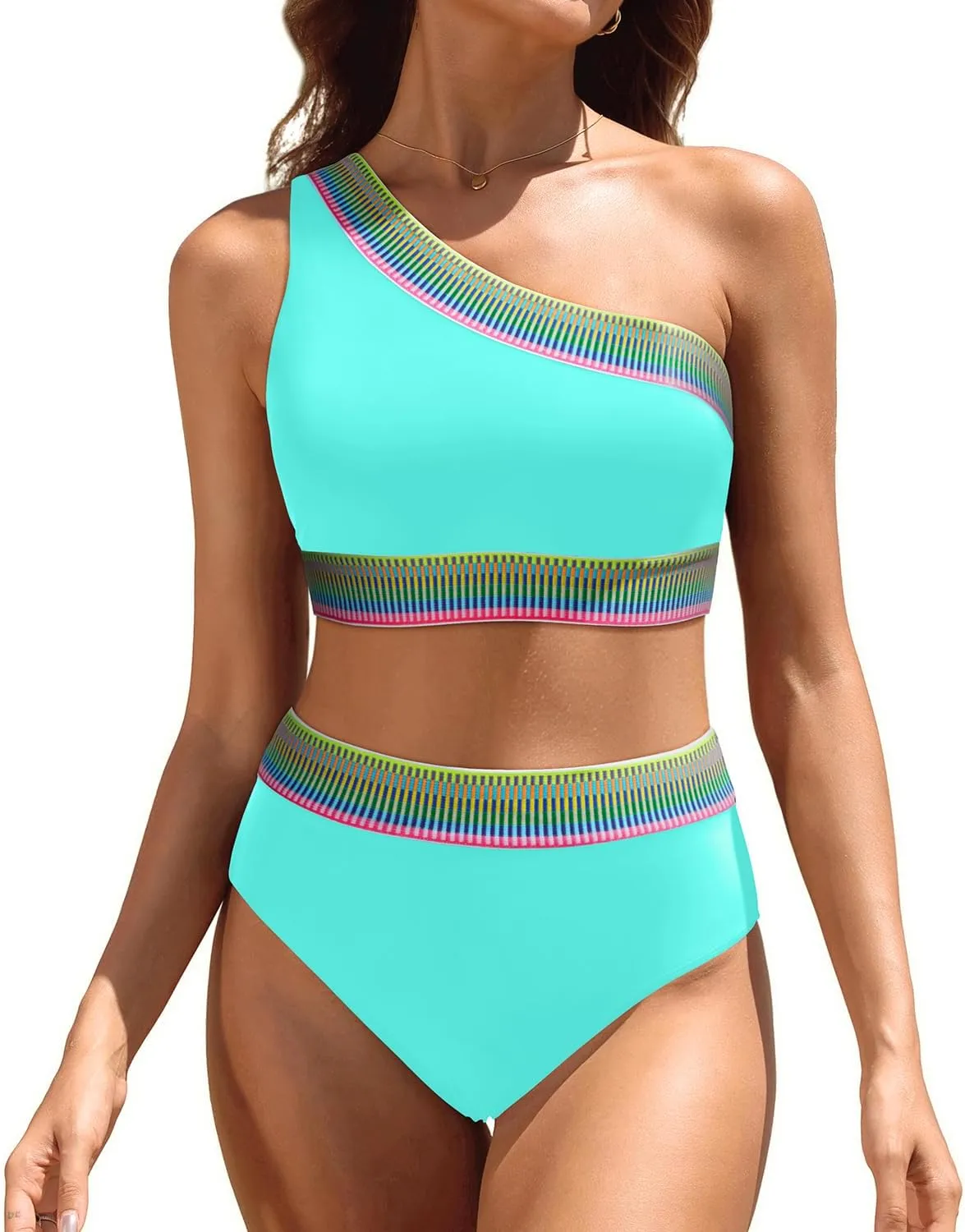 Tempt Me Women High Waisted Bikini Set - One Shoulder Two Piece Swimsuits Color Block Bathing Suits with Swimwear Bottom