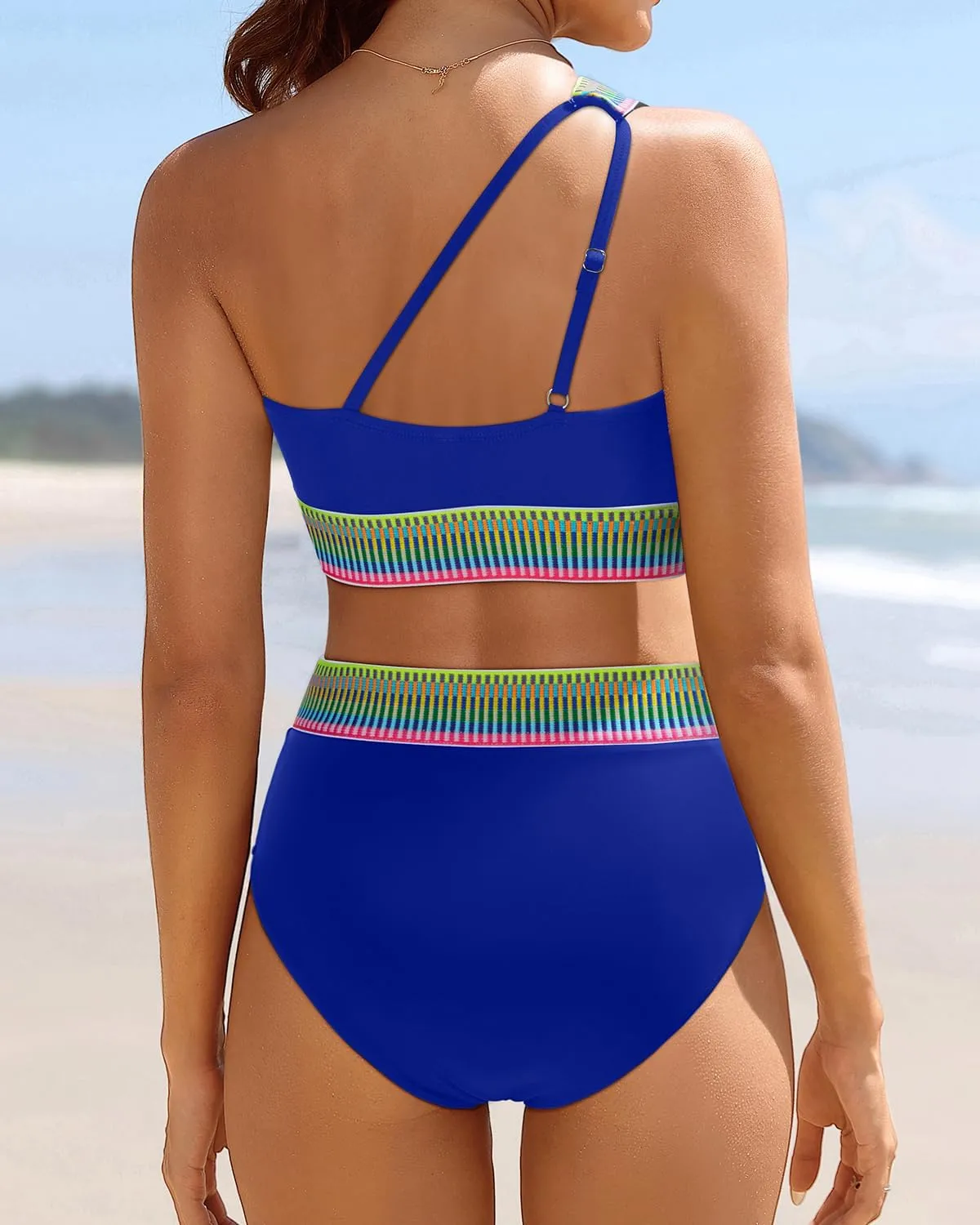 Tempt Me Women High Waisted Bikini Set - One Shoulder Two Piece Swimsuits Color Block Bathing Suits with Swimwear Bottom