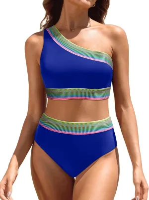 Tempt Me Women High Waisted Bikini Set - One Shoulder Two Piece Swimsuits Color Block Bathing Suits with Swimwear Bottom