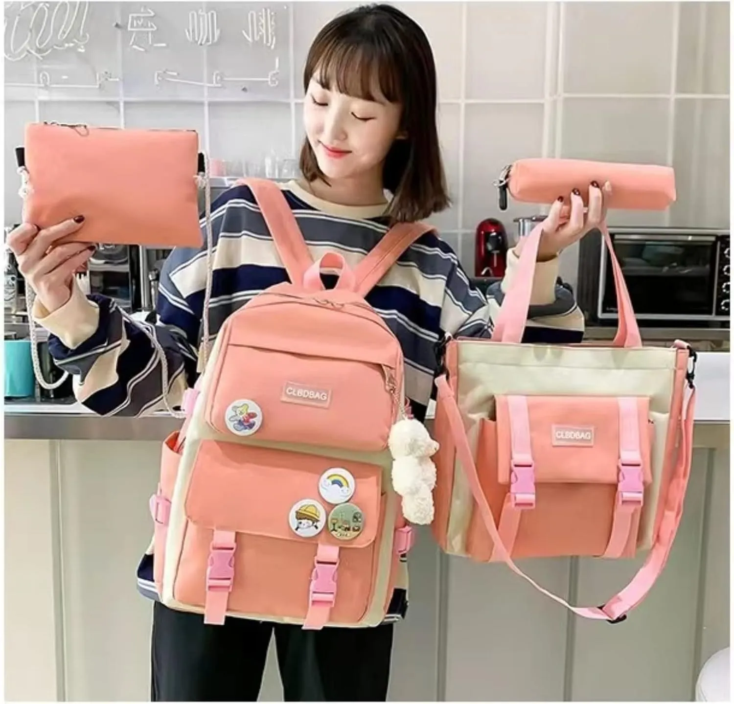 Teslawi kawaii backpack 4Pcs Set Aesthetic backpack 17in backpack，with Kawaii Pendants，Crossbody Bag ，Pencil Case, Handbag (Pink)