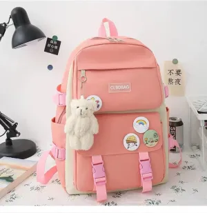 Teslawi kawaii backpack 4Pcs Set Aesthetic backpack 17in backpack，with Kawaii Pendants，Crossbody Bag ，Pencil Case, Handbag (Pink)