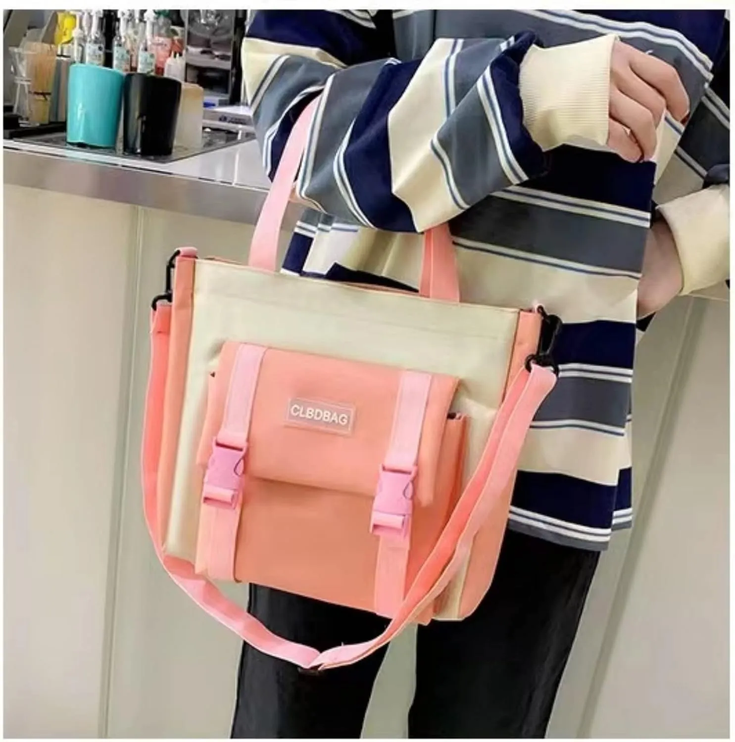Teslawi kawaii backpack 4Pcs Set Aesthetic backpack 17in backpack，with Kawaii Pendants，Crossbody Bag ，Pencil Case, Handbag (Pink)