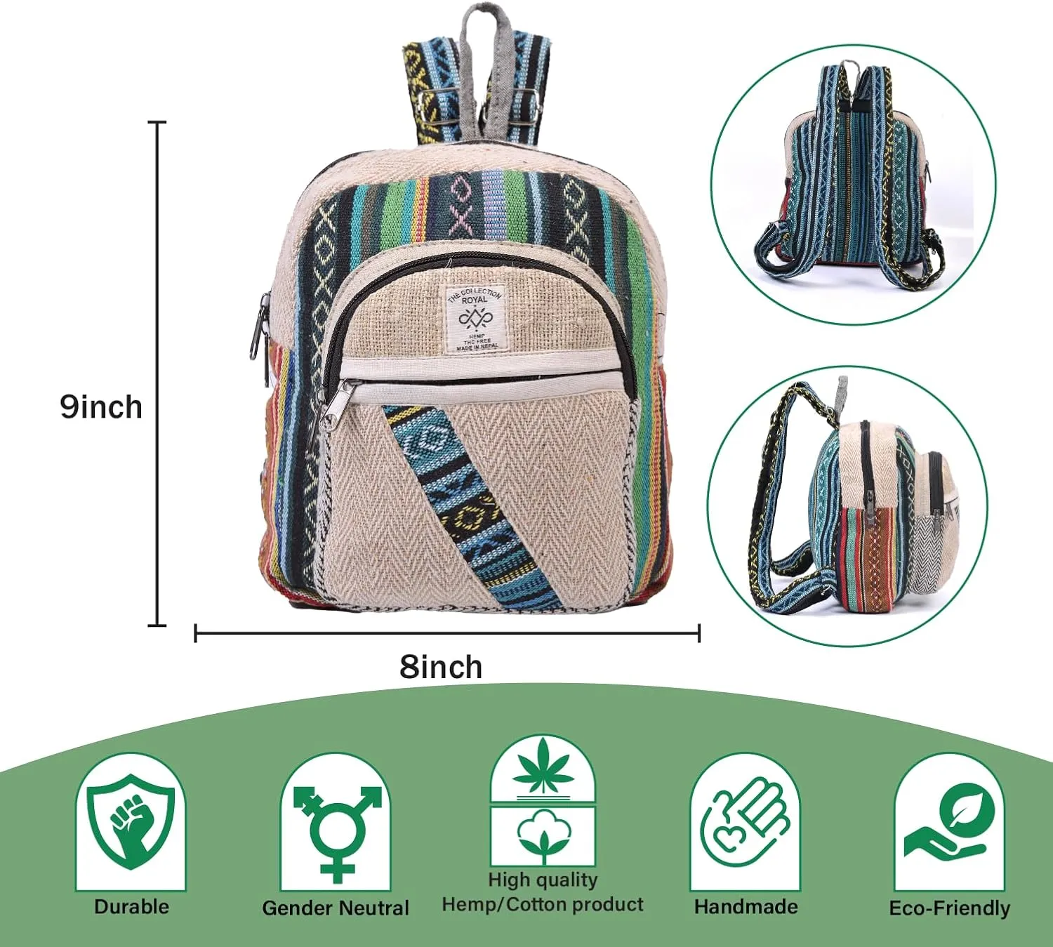 THE COLLECTION ROYAL Himalayan Hemp and Cotton Boho Bohemian Hippie Bag Purse Eco Friendly Mini Daypack Backpack