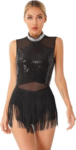 TiaoBug Womens Sleeveless Sparkling Sequin Tassel Latin Dance Dress Samba Costumes