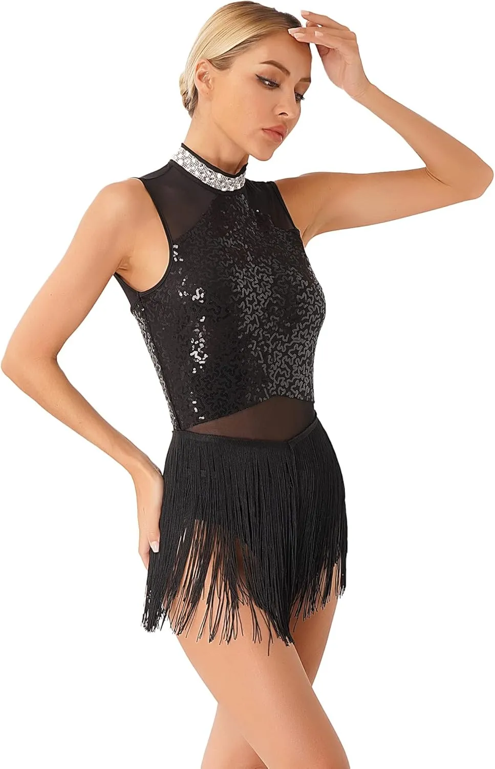 TiaoBug Womens Sleeveless Sparkling Sequin Tassel Latin Dance Dress Samba Costumes
