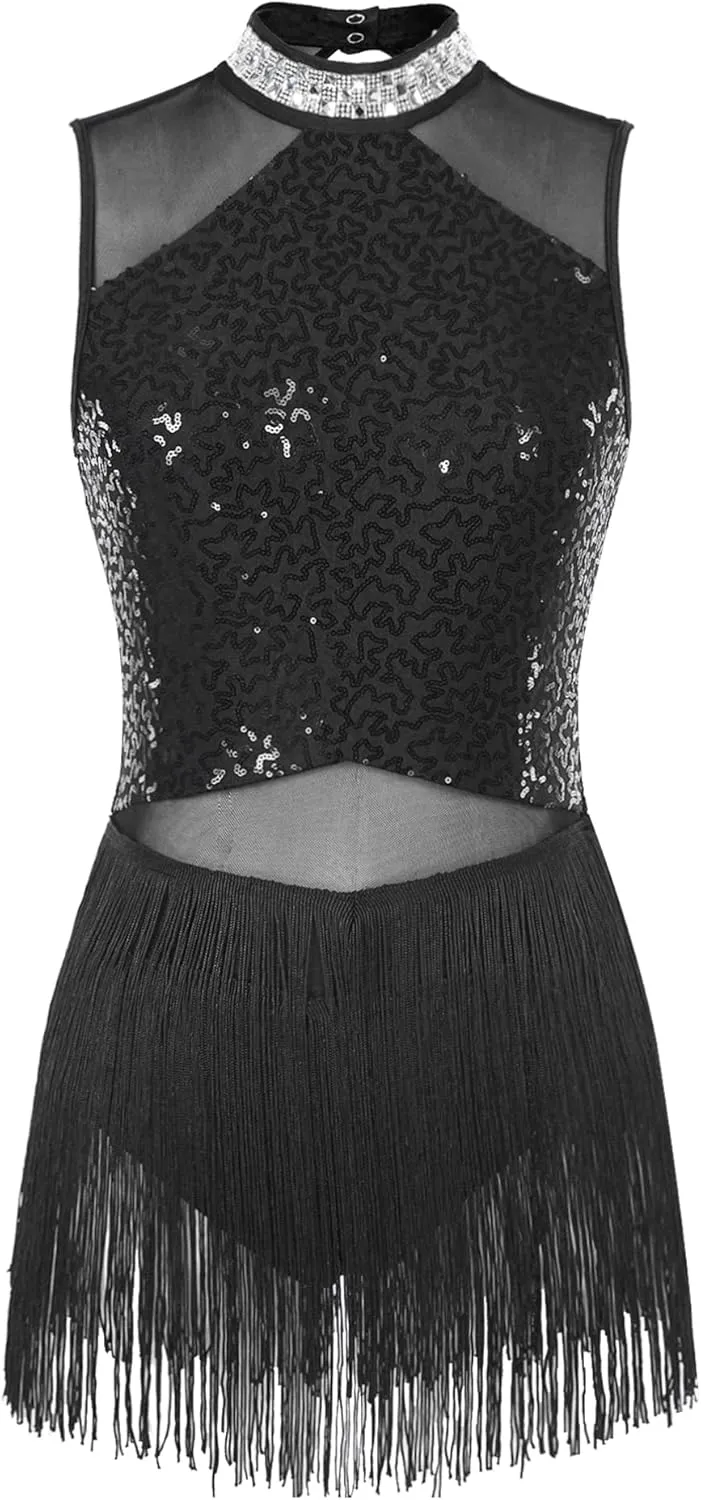 TiaoBug Womens Sleeveless Sparkling Sequin Tassel Latin Dance Dress Samba Costumes