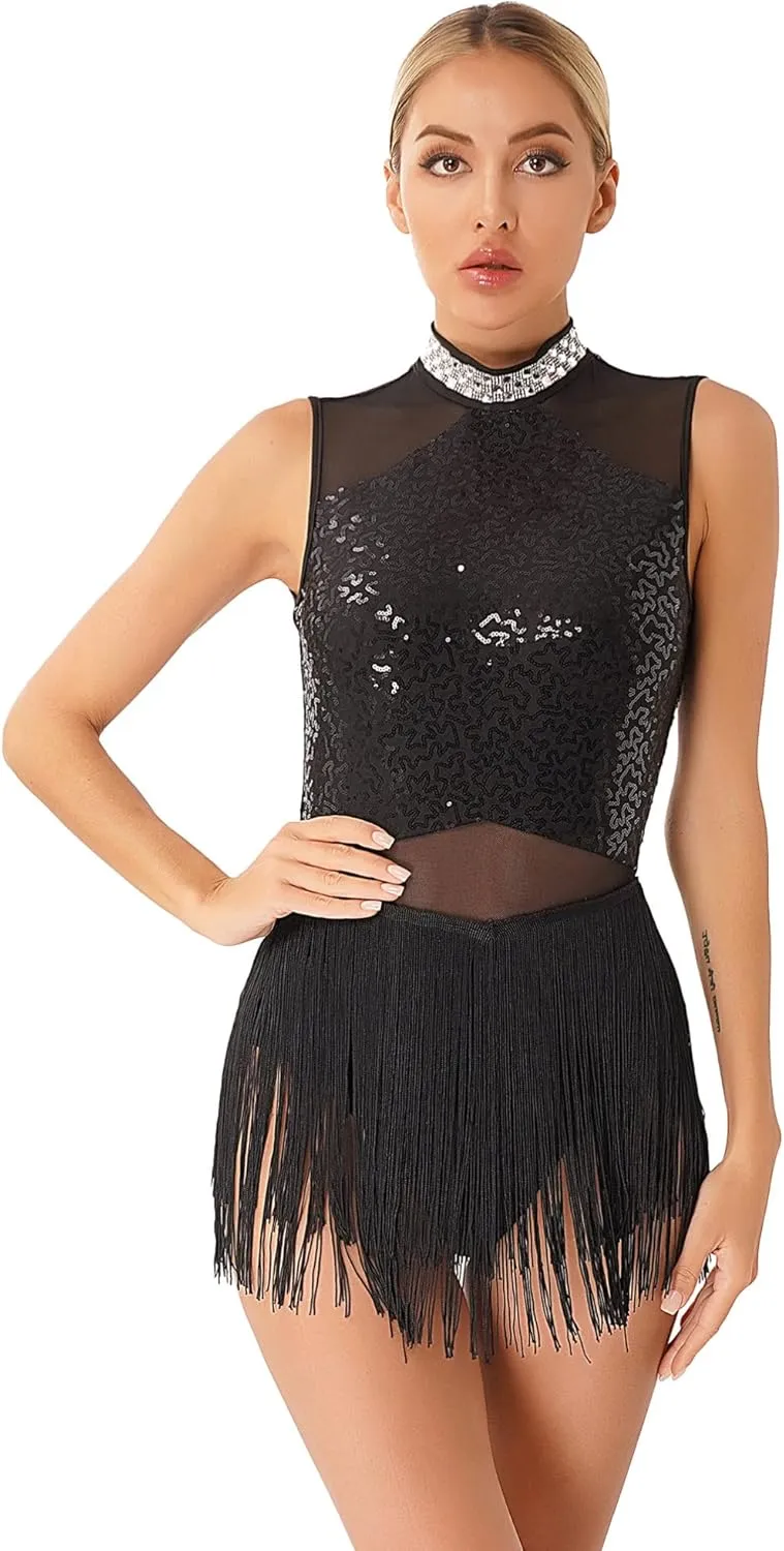TiaoBug Womens Sleeveless Sparkling Sequin Tassel Latin Dance Dress Samba Costumes