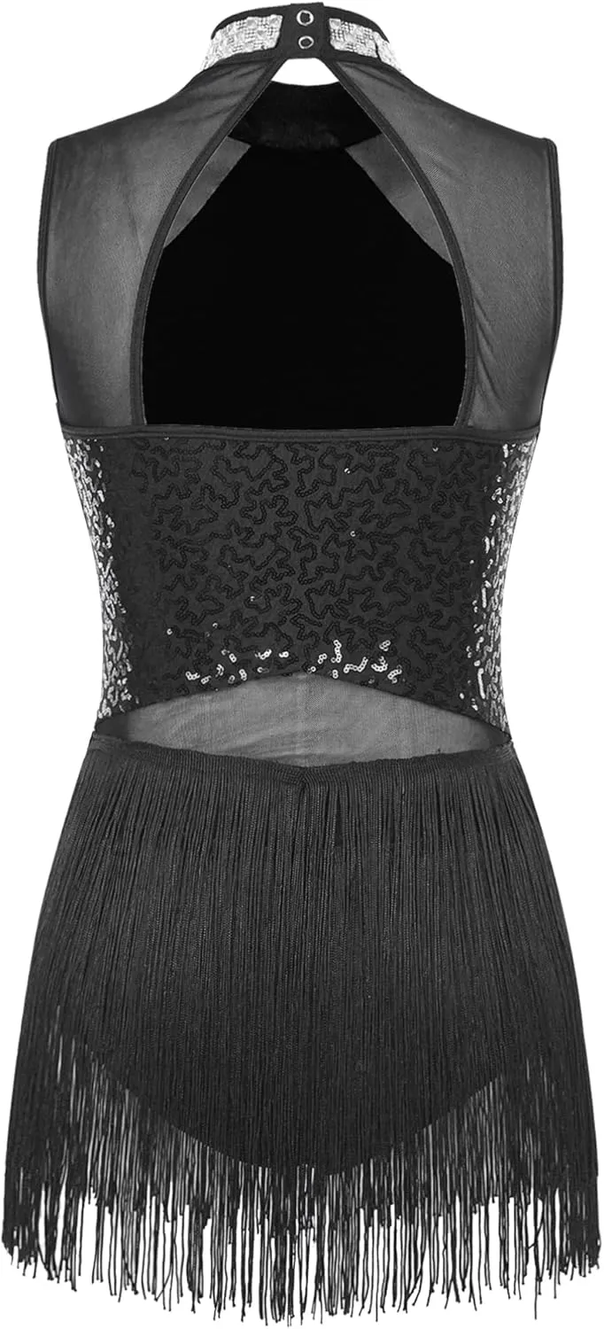 TiaoBug Womens Sleeveless Sparkling Sequin Tassel Latin Dance Dress Samba Costumes