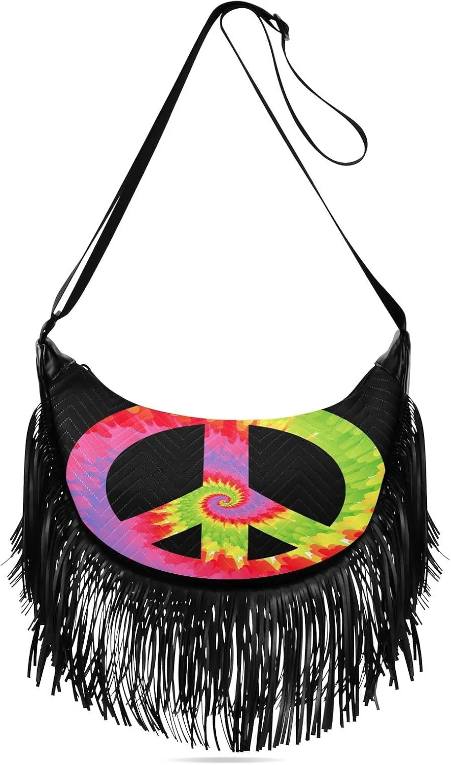 Tie-dye-peace Pattern Women Tassel Fringe Shoulder bag, Fringe Purse Crossbody, Women Tassel Hobo Bag with Zipper