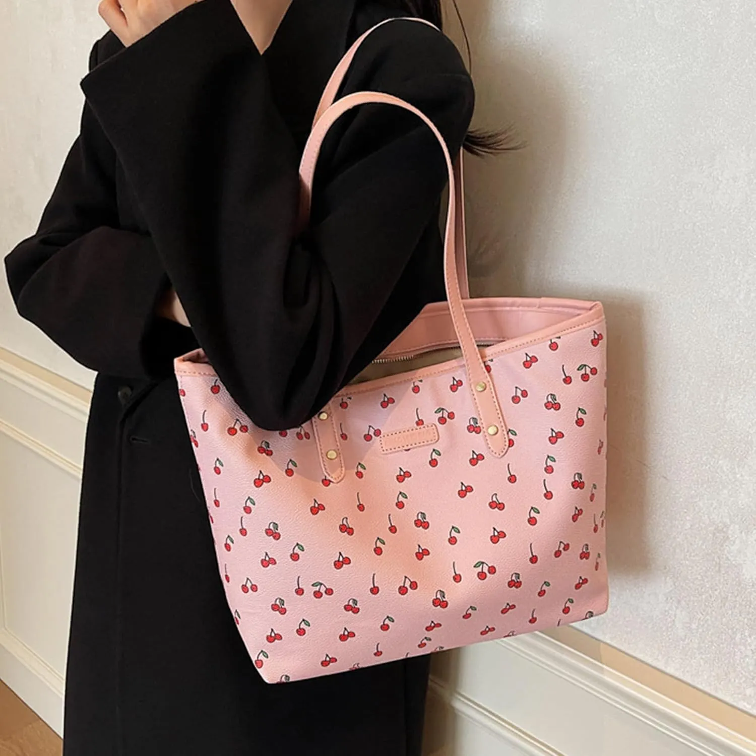 Tote Bags for Women Faux Leather Cherry Print Shoulder Bag Cute Floral Purse Trendy Tote Handbags for Travel Work