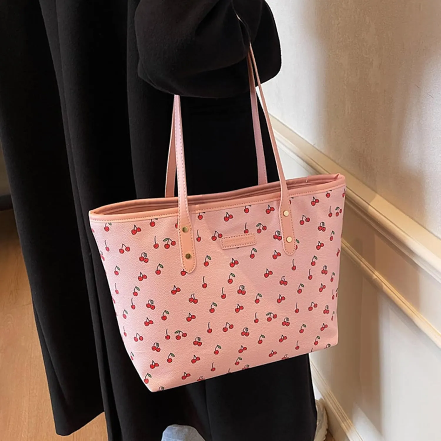 Tote Bags for Women Faux Leather Cherry Print Shoulder Bag Cute Floral Purse Trendy Tote Handbags for Travel Work