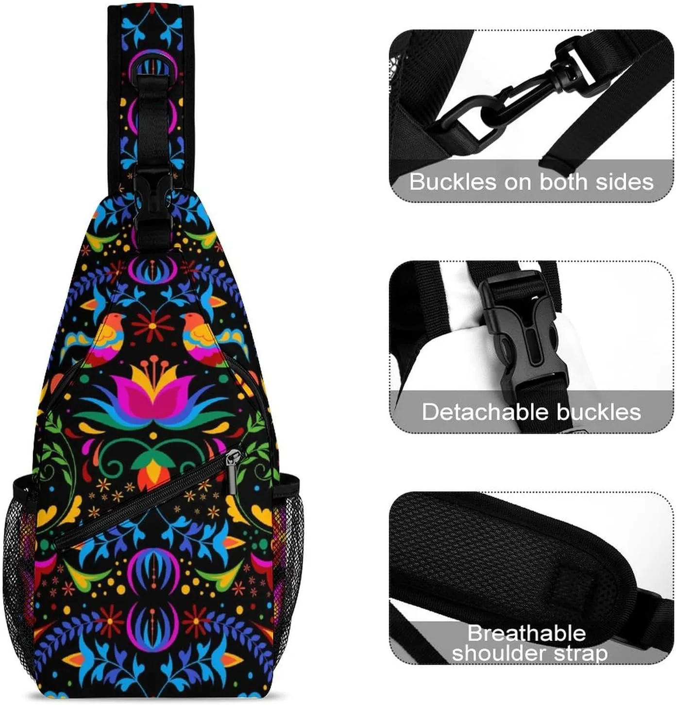 Traditional Mexican Flower Sling Bag for Men Women Embroidery Beautiful Bird Shoulder Backpack Chest Bags Crossbody Daypack for Hiking Camping Outdoor Trip