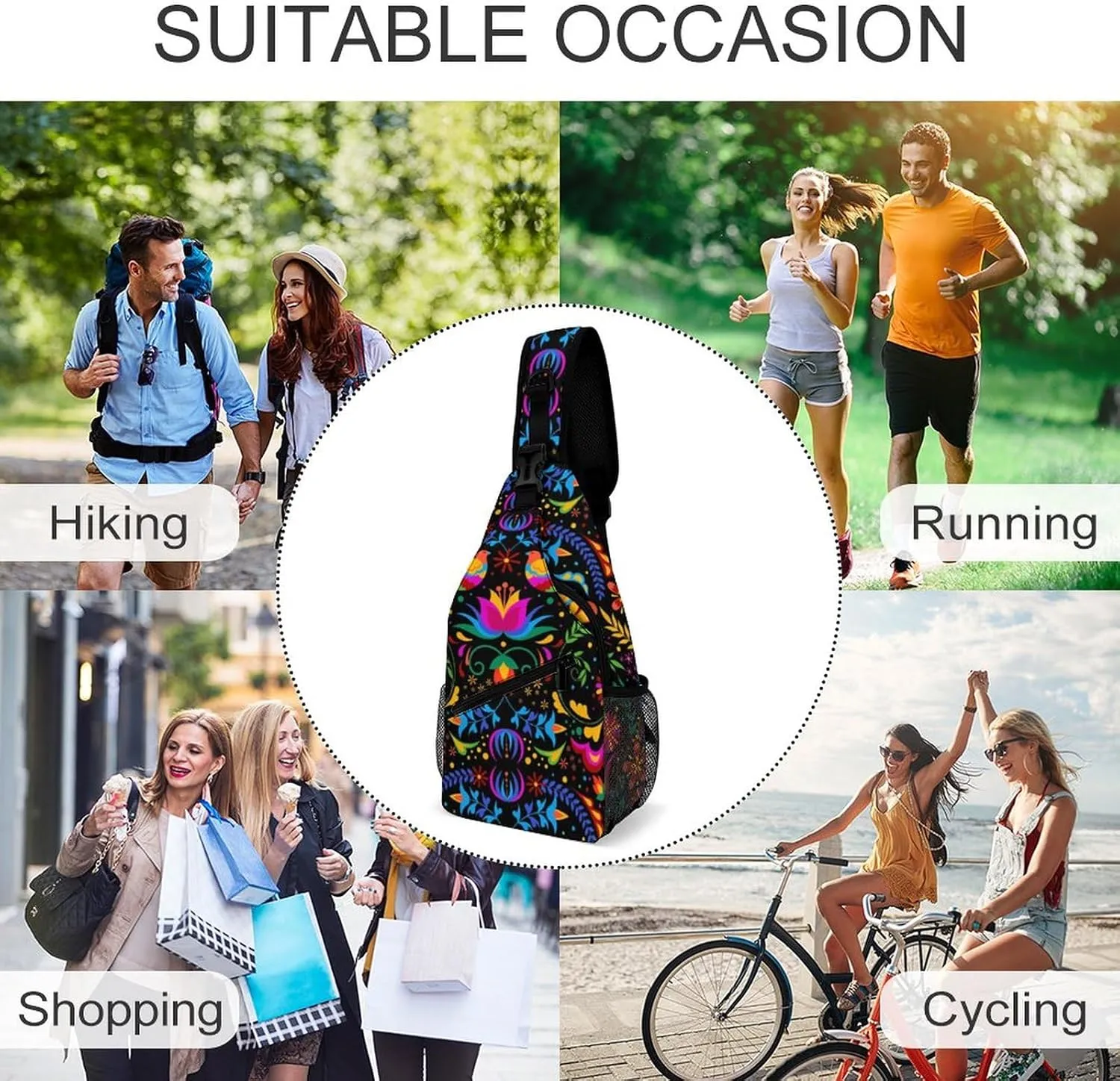 Traditional Mexican Flower Sling Bag for Men Women Embroidery Beautiful Bird Shoulder Backpack Chest Bags Crossbody Daypack for Hiking Camping Outdoor Trip