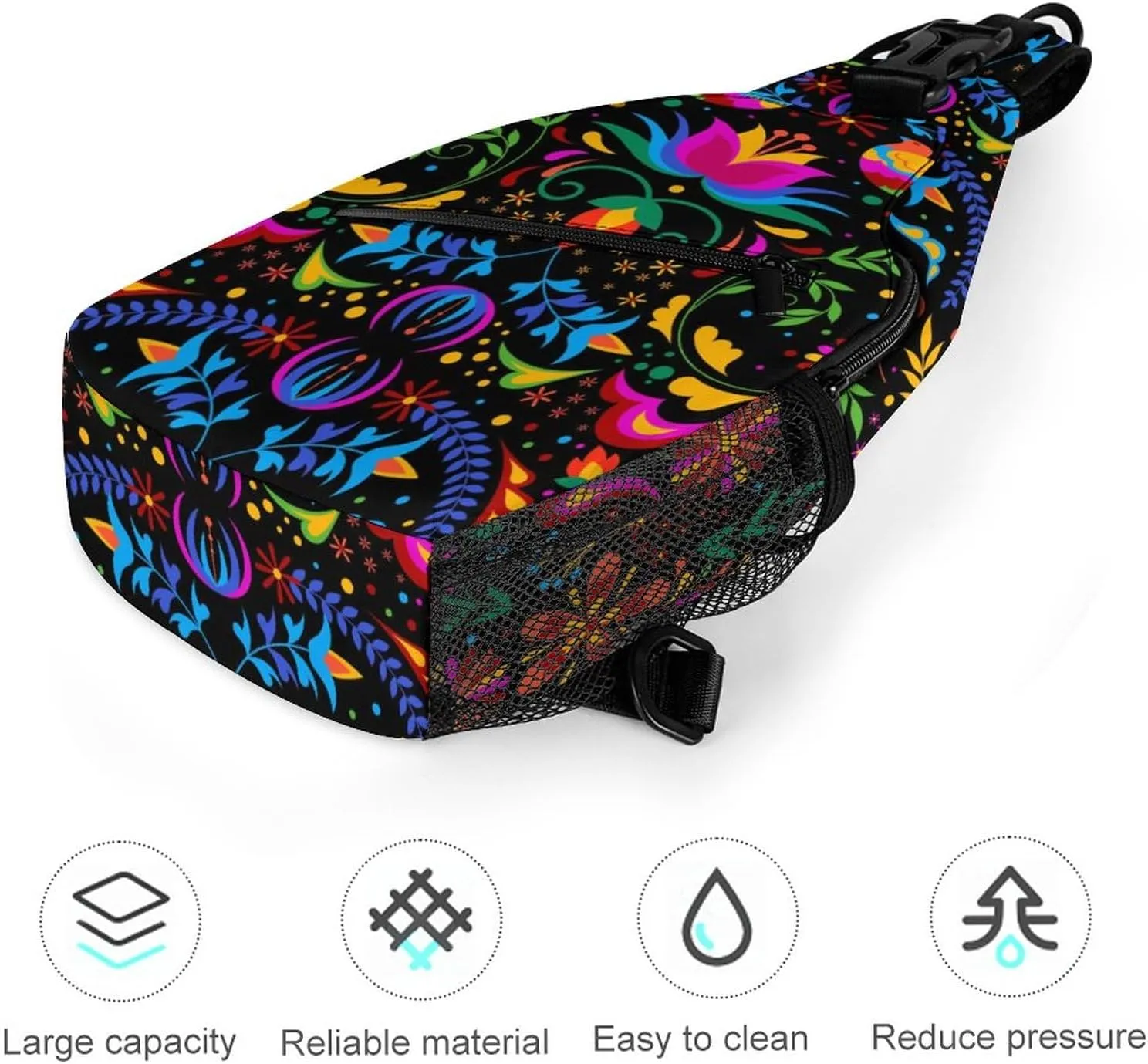 Traditional Mexican Flower Sling Bag for Men Women Embroidery Beautiful Bird Shoulder Backpack Chest Bags Crossbody Daypack for Hiking Camping Outdoor Trip