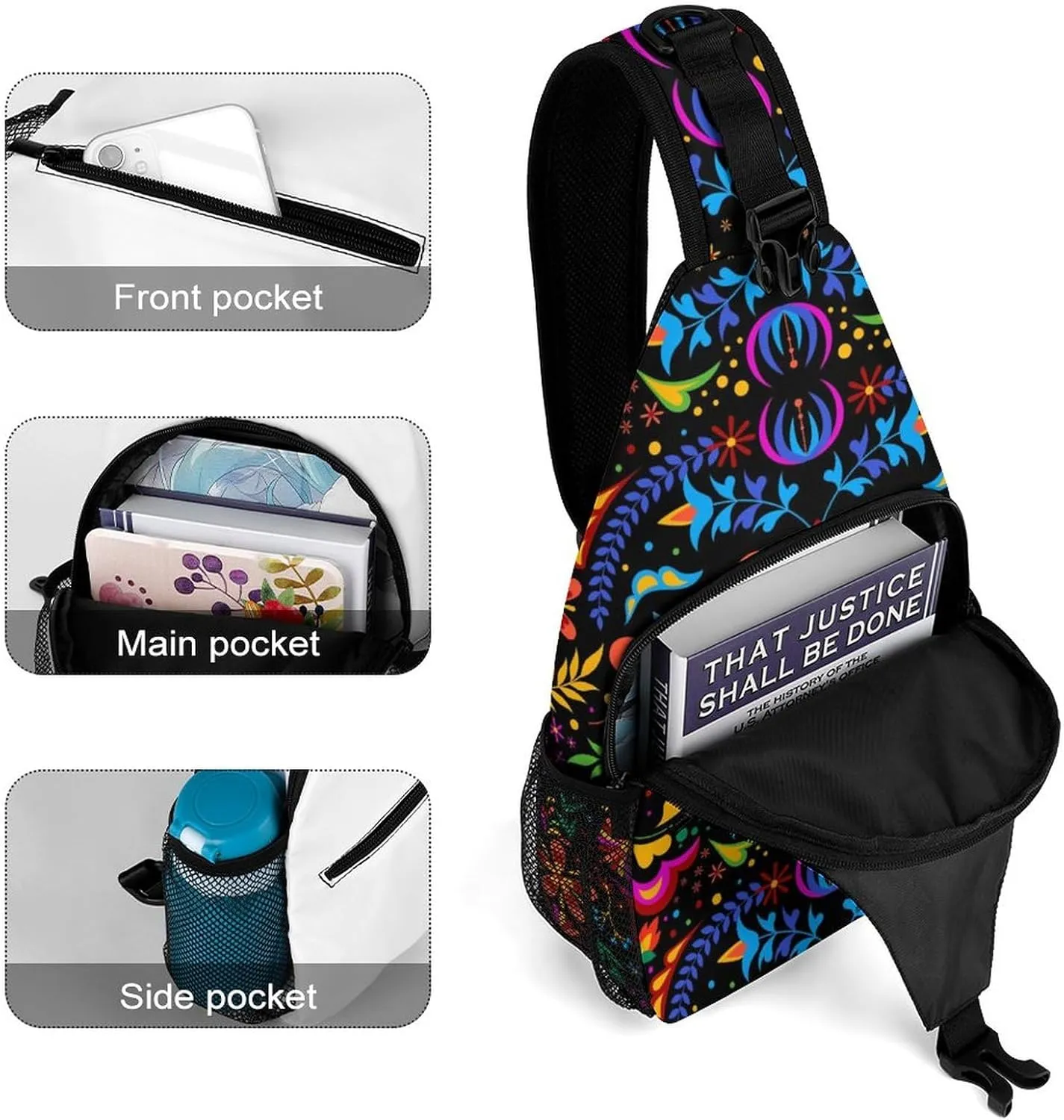 Traditional Mexican Flower Sling Bag for Men Women Embroidery Beautiful Bird Shoulder Backpack Chest Bags Crossbody Daypack for Hiking Camping Outdoor Trip