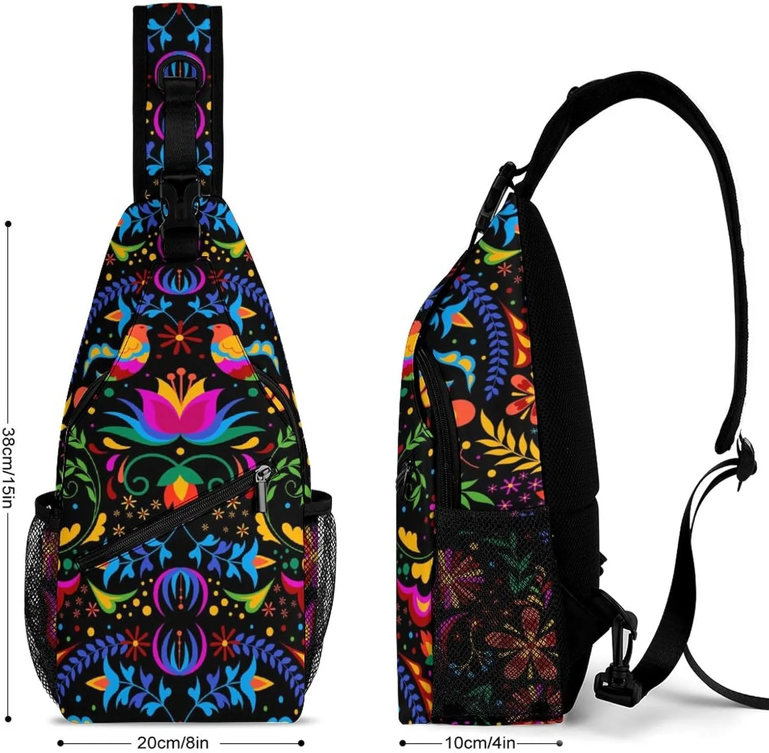 Traditional Mexican Flower Sling Bag for Men Women Embroidery Beautiful Bird Shoulder Backpack Chest Bags Crossbody Daypack for Hiking Camping Outdoor Trip