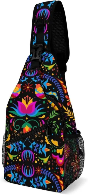 Traditional Mexican Flower Sling Bag for Men Women Embroidery Beautiful Bird Shoulder Backpack Chest Bags Crossbody Daypack for Hiking Camping Outdoor Trip