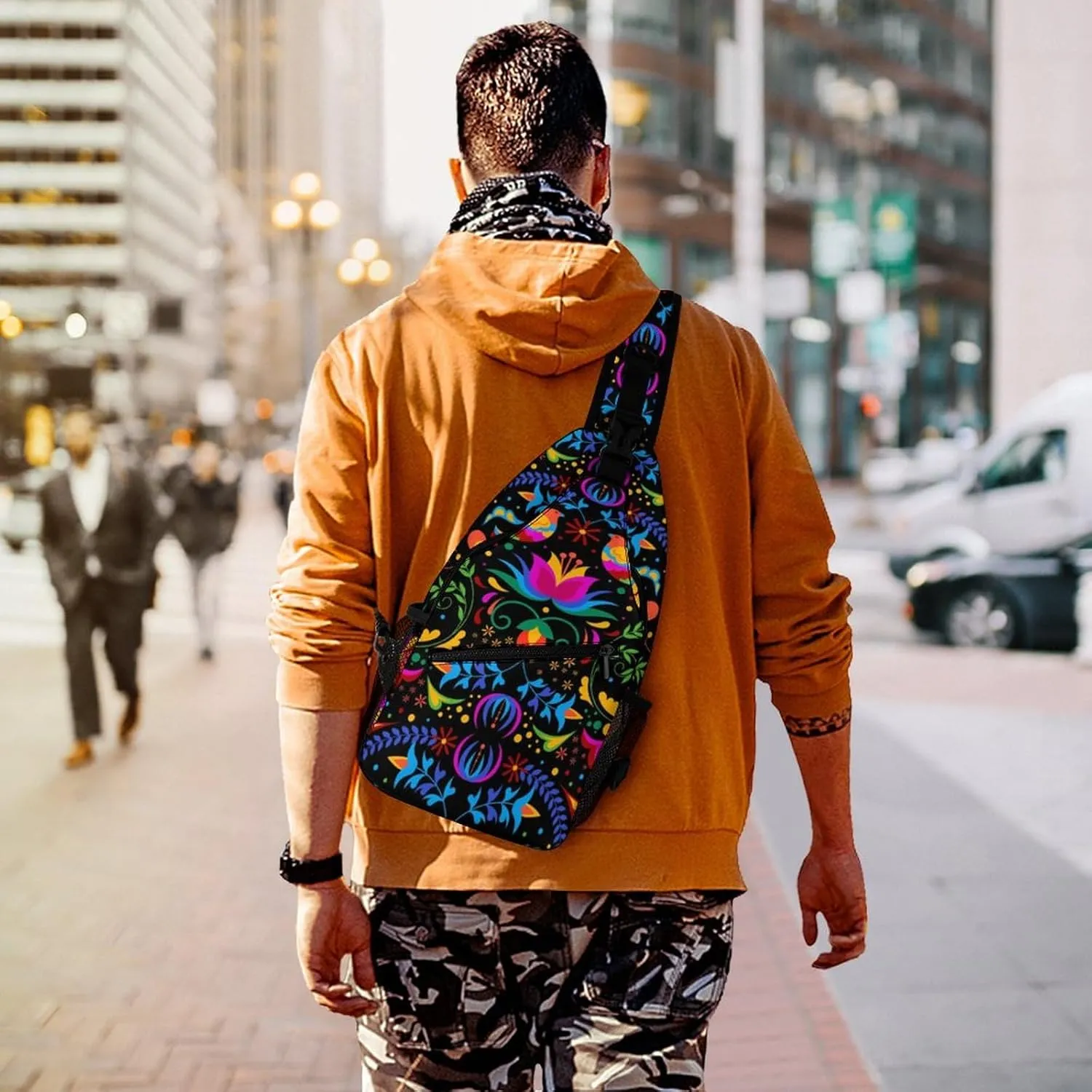 Traditional Mexican Flower Sling Bag for Men Women Embroidery Beautiful Bird Shoulder Backpack Chest Bags Crossbody Daypack for Hiking Camping Outdoor Trip