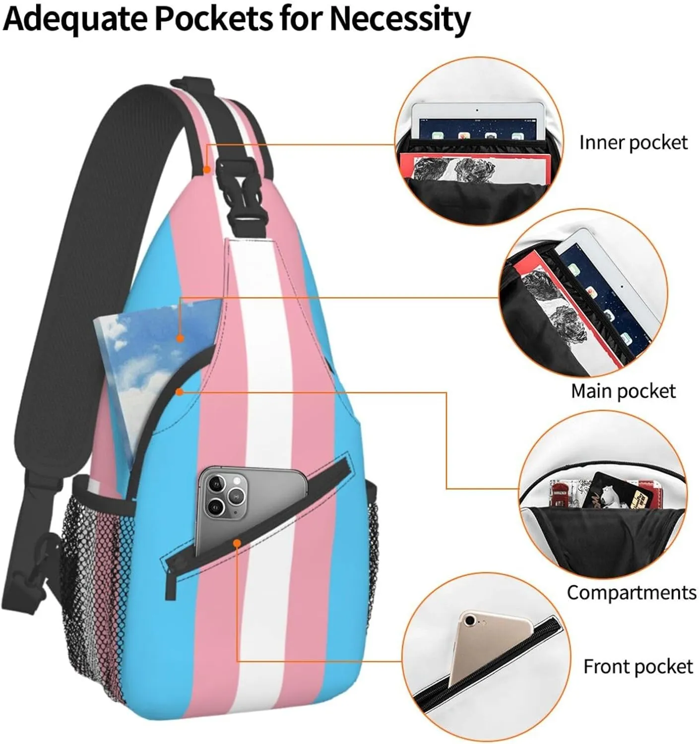 Transgender Trans Pride LGBTQIA Sling Bag for Men Women Crossbody Backpack Casual Hiking Daypack Chest Shoulder Bag with Adjustable Strap