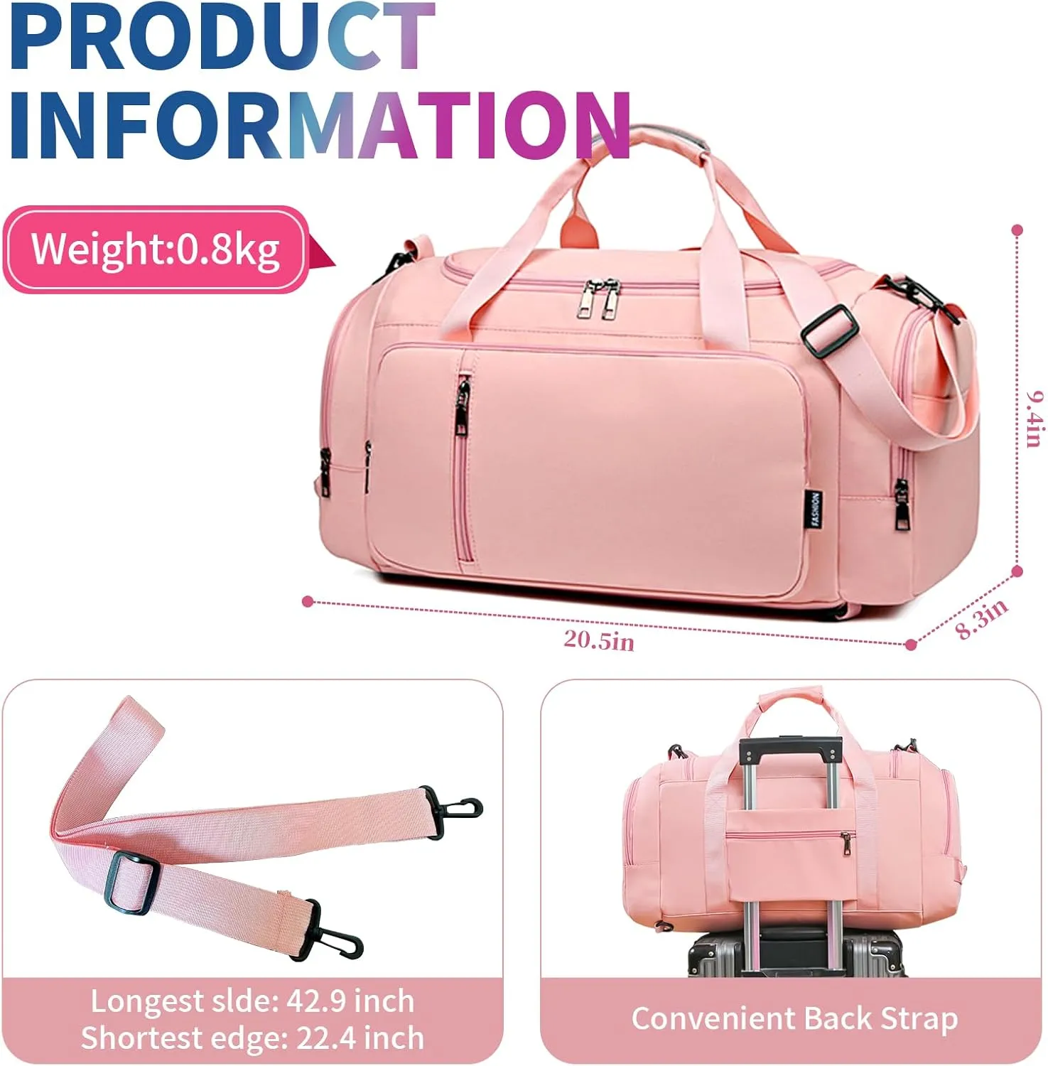Travel Duffle Bag for Women,Gym Bag with Shoe Compartment,Weekend overnight bag with wet pocket,Waterproof carry on Travel Bag(Pink)