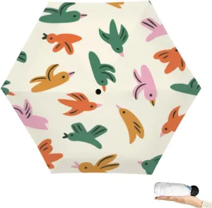 Travel Umbrella for Rain Windproof Cute bird naive Funny fabric design Childish abstract birds print Cute Portable Compact Mini Umbrella for Women Purse Backpack Car Black Sun UV Protection