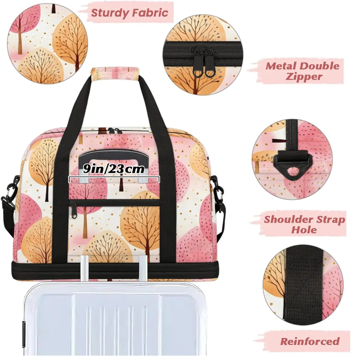Tree Pink Yellow Travel Duffel Bags for Women & Men Large Sports Gym Bags Foldie Weekender Overnight Bag Carry On Tote Bag With Shoe Compartment Personal Item Bag for Travel Sports Gym