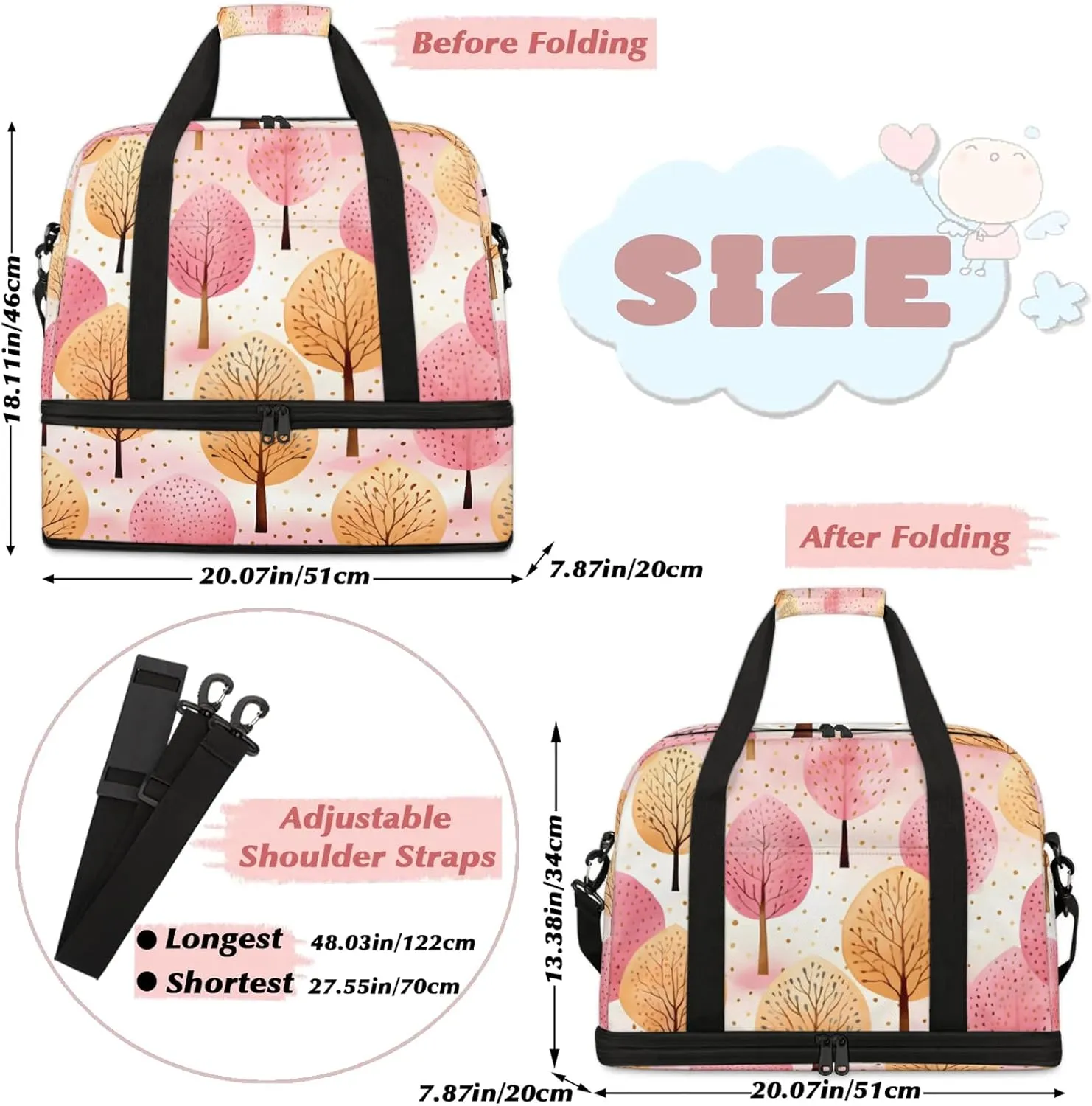 Tree Pink Yellow Travel Duffel Bags for Women & Men Large Sports Gym Bags Foldie Weekender Overnight Bag Carry On Tote Bag With Shoe Compartment Personal Item Bag for Travel Sports Gym
