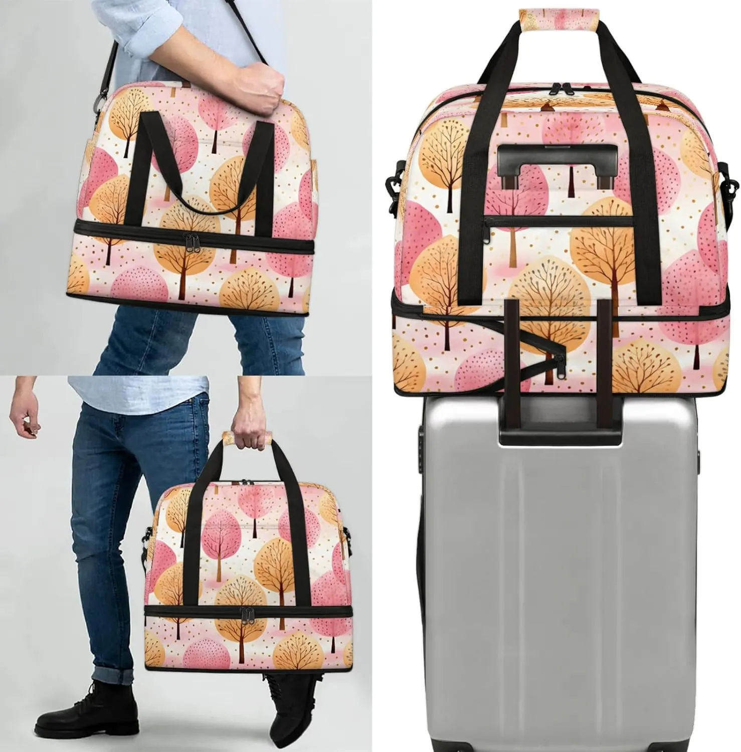 Tree Pink Yellow Travel Duffel Bags for Women & Men Large Sports Gym Bags Foldie Weekender Overnight Bag Carry On Tote Bag With Shoe Compartment Personal Item Bag for Travel Sports Gym