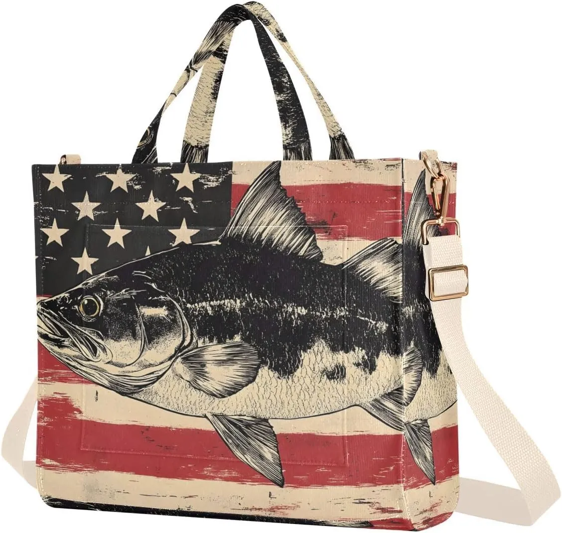Trout America Tote Bag for Women Corduroy Handbag Purse with Detachable Strap Small Size
