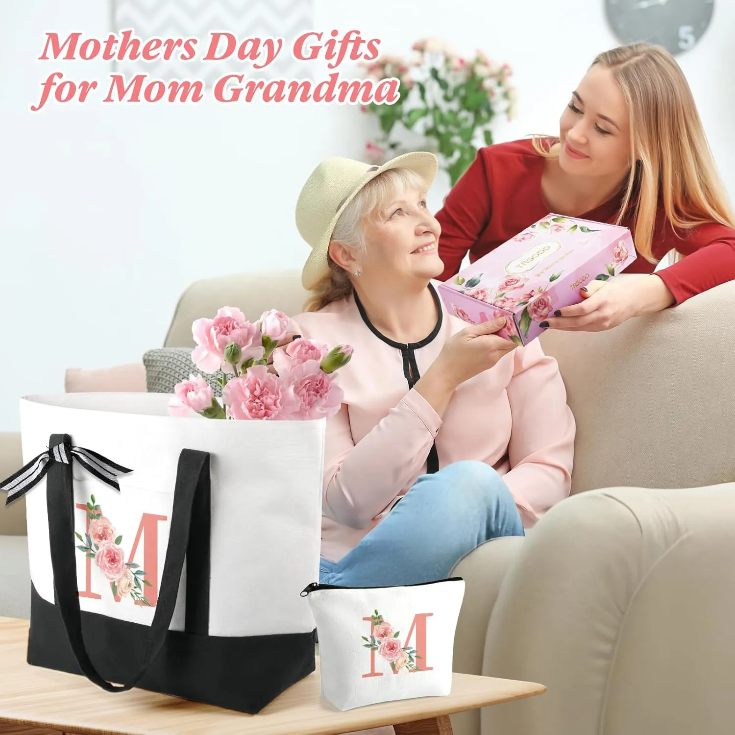 TRSODD Mothers Day Gifts for Grandma Birthday for Women Gigi Gifts for Grandma Large Tote Bag and Makeup Bag