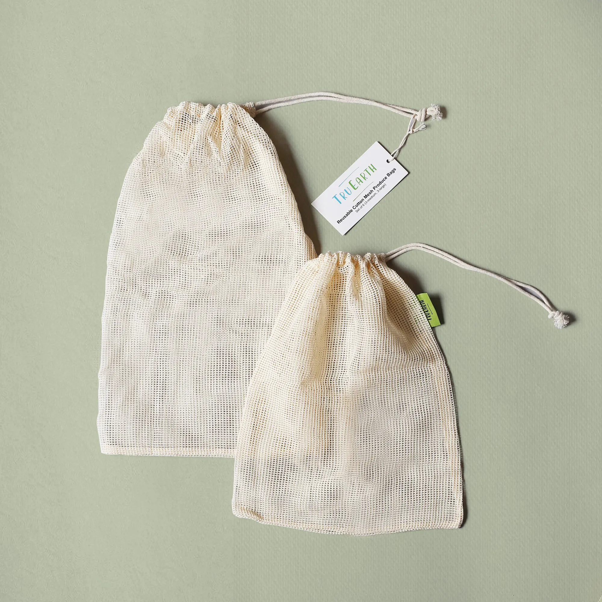 Tru Earth Reusable Cotton Mesh Produce Bags - Set of 6 (3-medium, 3-large)