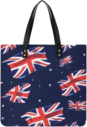 UK British Union Jack Print Leather Tote Bag for Women Men Shoulder Bag Casual Handbag Work Bag 39x39cm