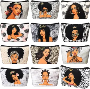 Umigy 12 Pcs African Girl Makeup Bag Black Girl Makeup Bag Afro Melanin Art Cosmetic Canvas Bags Funny Cute Reusable Toiletry Pouch Organizer Black Owned Business Gift for Women Lady(Leopard Print)