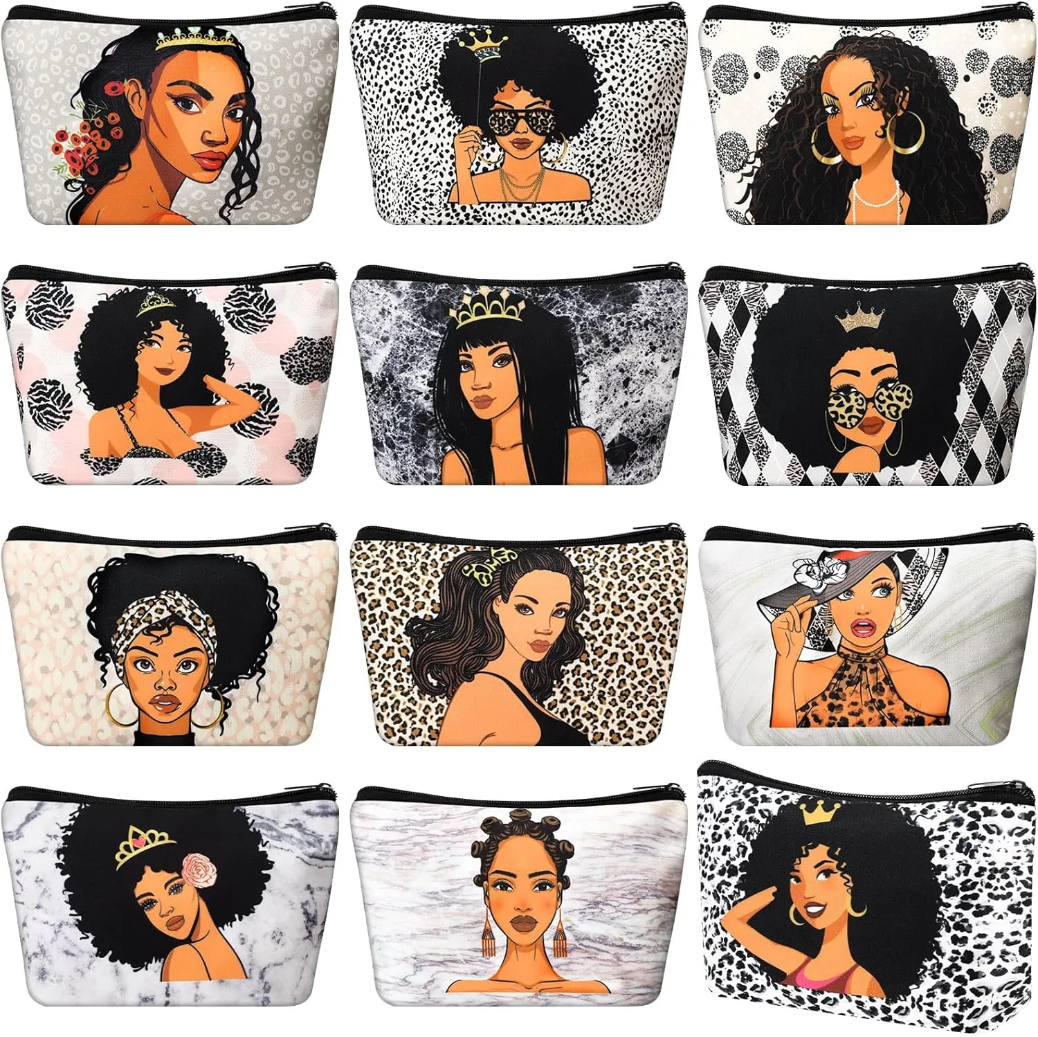 Umigy 12 Pcs African Girl Makeup Bag Black Girl Makeup Bag Afro Melanin Art Cosmetic Canvas Bags Funny Cute Reusable Toiletry Pouch Organizer Black Owned Business Gift for Women Lady(Leopard Print)