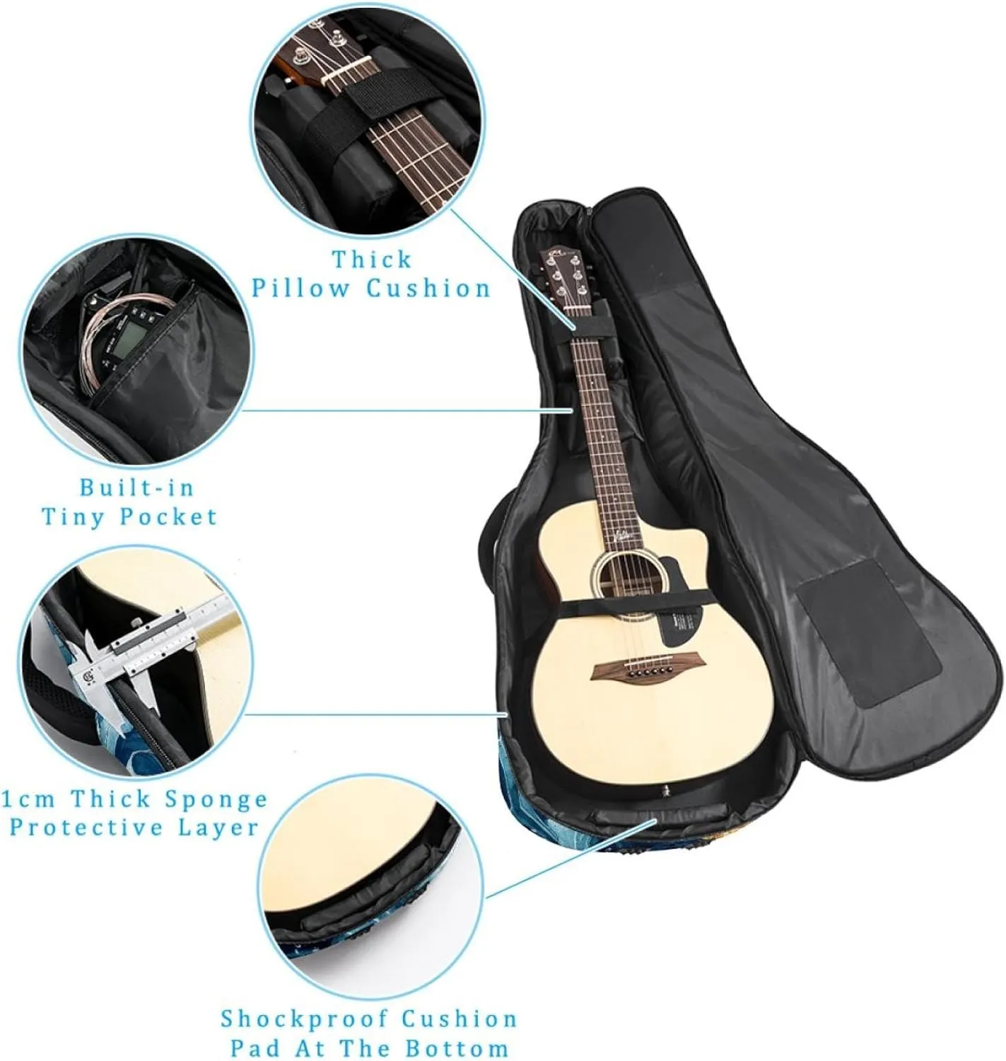 Underwater Sea Blue Algae with Bubbles and Coral Starfish Acoustic Guitar Bag, Guitar Case Gig Bag 40 41 42 inch with Dual Adjustable Shoulder Strap and Back Hanger Loop