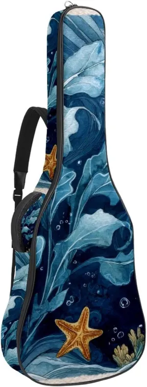 Underwater Sea Blue Algae with Bubbles and Coral Starfish Acoustic Guitar Bag, Guitar Case Gig Bag 40 41 42 inch with Dual Adjustable Shoulder Strap and Back Hanger Loop