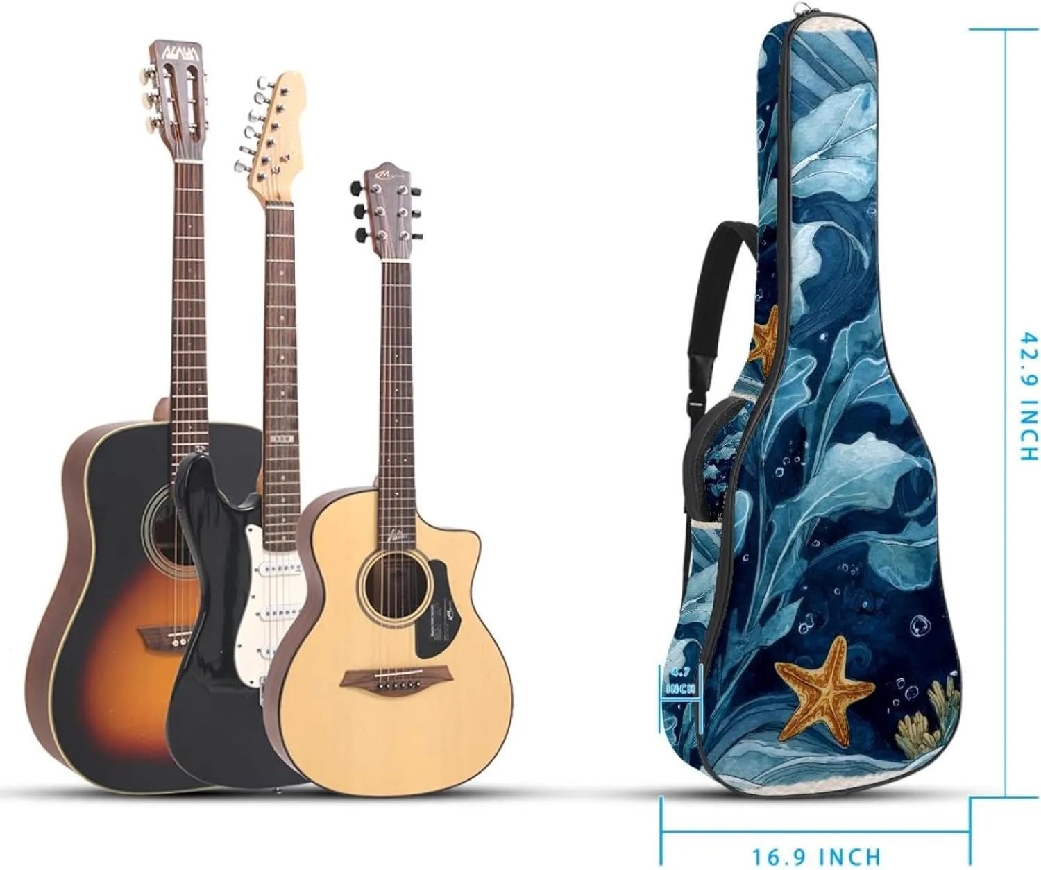 Underwater Sea Blue Algae with Bubbles and Coral Starfish Acoustic Guitar Bag, Guitar Case Gig Bag 40 41 42 inch with Dual Adjustable Shoulder Strap and Back Hanger Loop