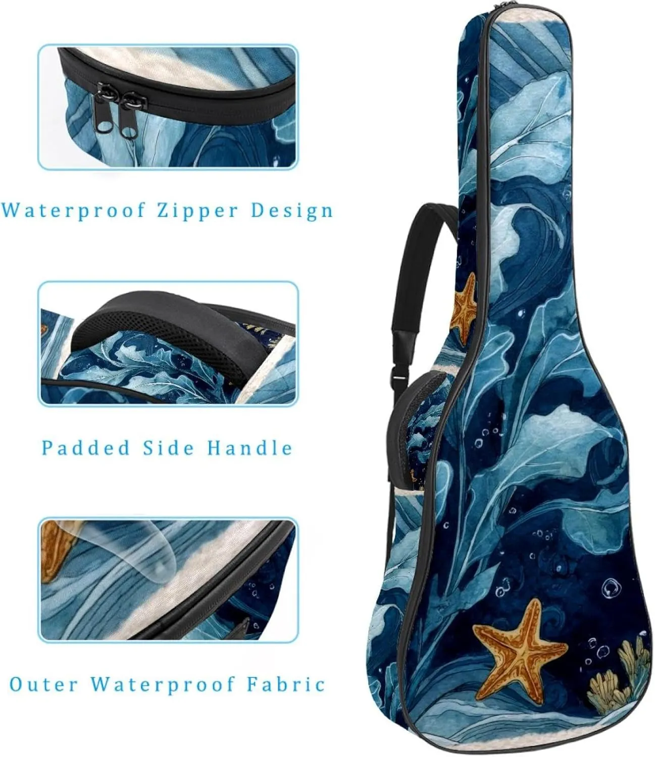 Underwater Sea Blue Algae with Bubbles and Coral Starfish Acoustic Guitar Bag, Guitar Case Gig Bag 40 41 42 inch with Dual Adjustable Shoulder Strap and Back Hanger Loop