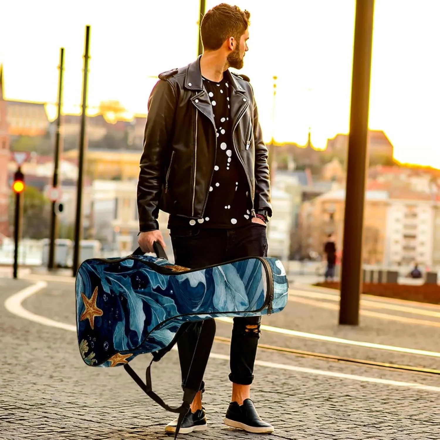 Underwater Sea Blue Algae with Bubbles and Coral Starfish Acoustic Guitar Bag, Guitar Case Gig Bag 40 41 42 inch with Dual Adjustable Shoulder Strap and Back Hanger Loop