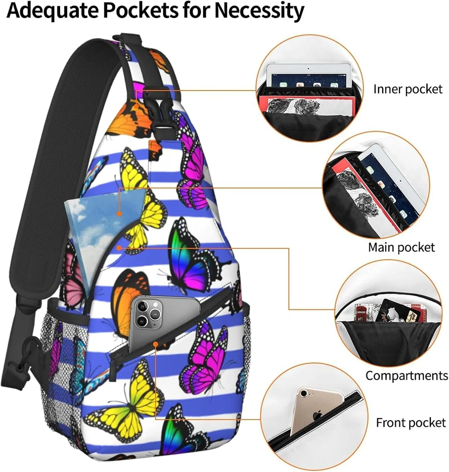 Unisex Waterproof Sling Bag Casual Crossbody Shoulder Backpack Chest Daypack for Men Women Travel Sport Hiking Gym Butterfly
