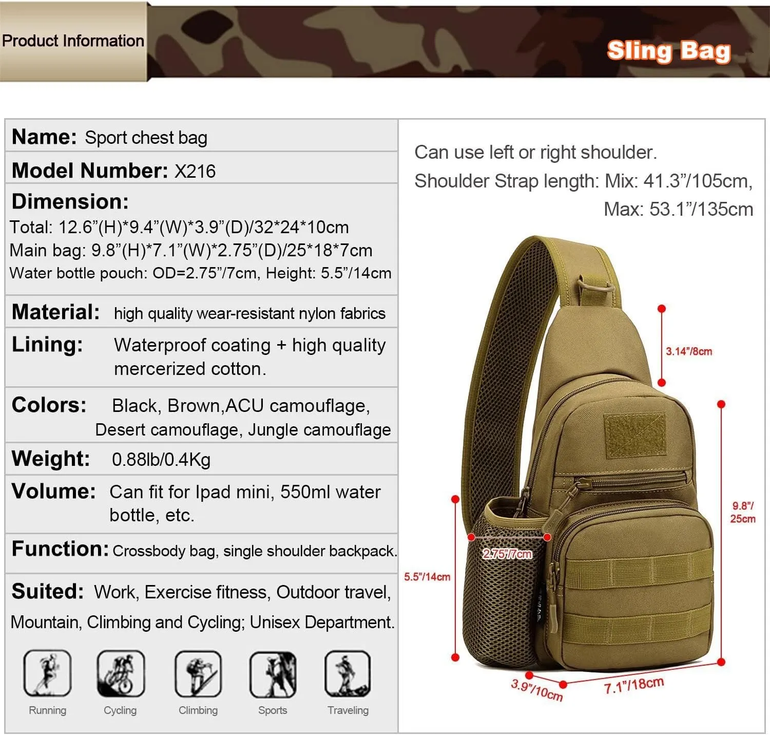 UNISTRENGH Tactical Sling Bag Chest Pack Molle Daypack iPad Mini Military Shoulder Bag Crossbody Duty Gear Backpack (Black-scorpion Camouflage)