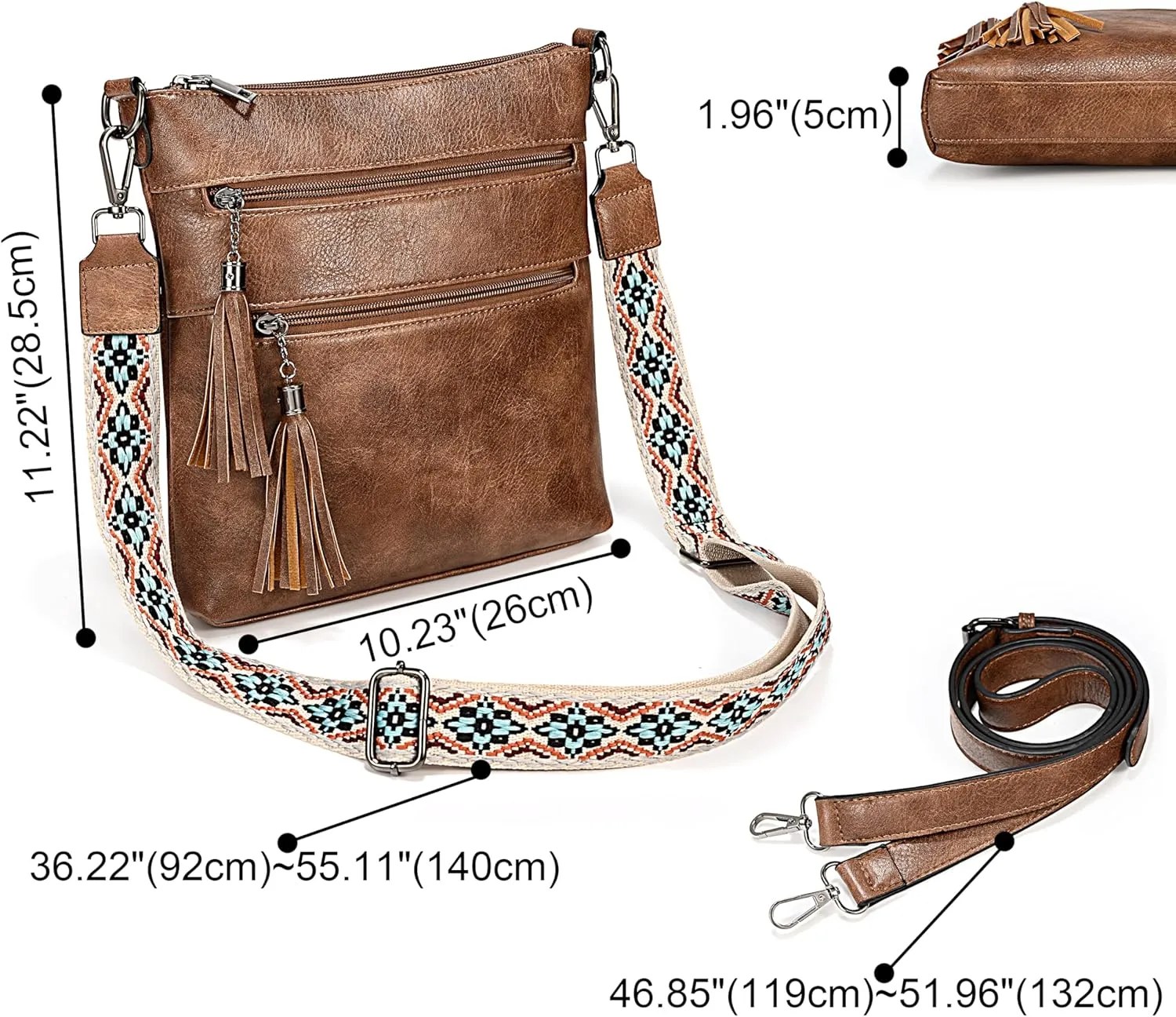 Uromee Crossbody Bags for Women Trendy Vegan Leather Multi Pocket Tassel Ladies Shoulder Handbag Purse Adjustable Strap