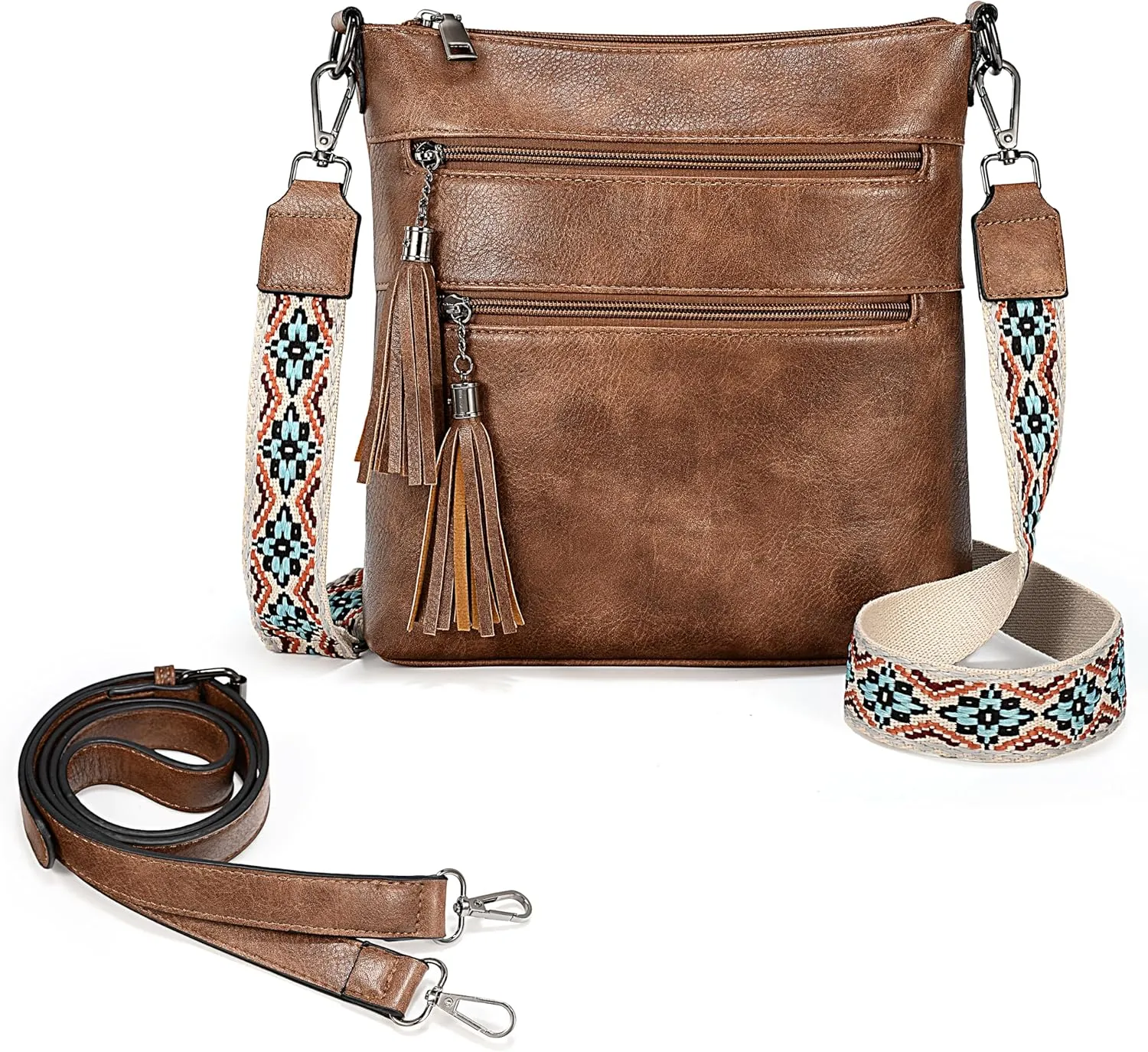 Uromee Crossbody Bags for Women Trendy Vegan Leather Multi Pocket Tassel Ladies Shoulder Handbag Purse Adjustable Strap