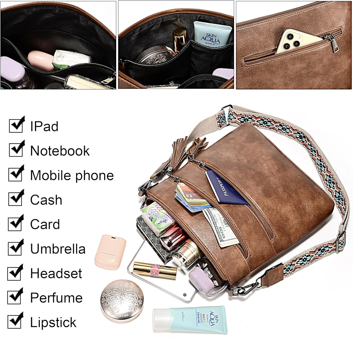 Uromee Crossbody Bags for Women Trendy Vegan Leather Multi Pocket Tassel Ladies Shoulder Handbag Purse Adjustable Strap
