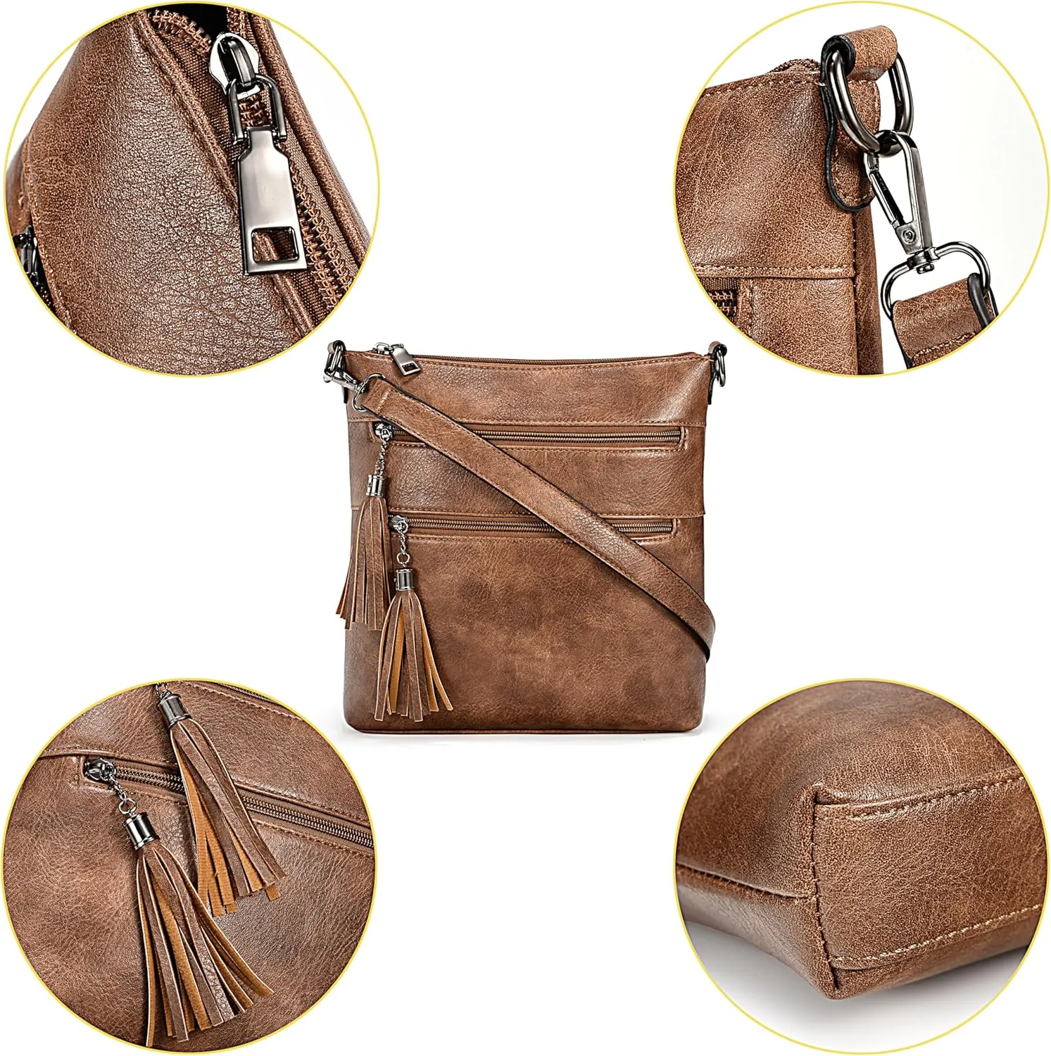 Uromee Crossbody Bags for Women Trendy Vegan Leather Multi Pocket Tassel Ladies Shoulder Handbag Purse Adjustable Strap