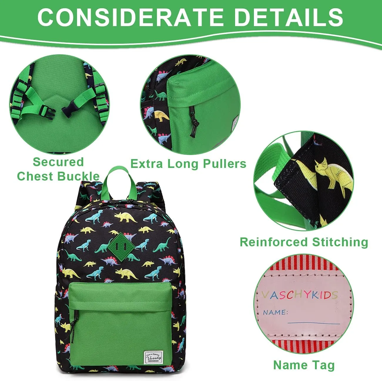 VASCHY Preschool Toddler Backpack, Little Kid Small Backpacks for Nursery School Children Boys and Girls with Chest Strap in Cute Dinosaur