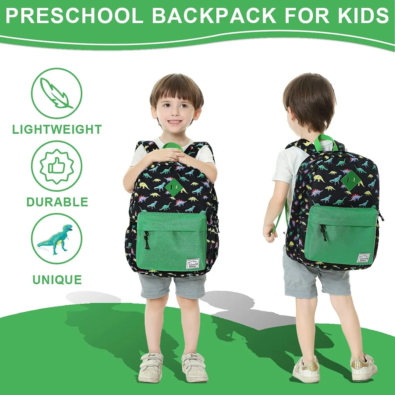 VASCHY Preschool Toddler Backpack, Little Kid Small Backpacks for Nursery School Children Boys and Girls with Chest Strap in Cute Dinosaur