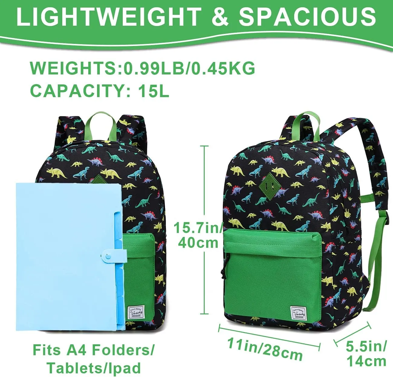 VASCHY Preschool Toddler Backpack, Little Kid Small Backpacks for Nursery School Children Boys and Girls with Chest Strap in Cute Dinosaur