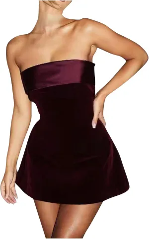Velvet Dress for Women 2024 Vintage Strapless Cover Ups Off Shoulder A-Line Cocktail Dress Formal Swing Sexy Mini Dress